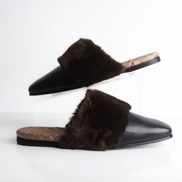 Gucci Mens Black Leather Mules Slippers Faux Fur Quilted Limed ed US 8.5 New